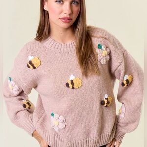 Bee Embroidered Pink Sweater